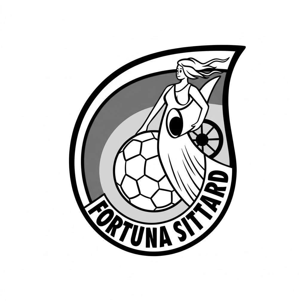 Zwart-wit kleurplaat van het Fortuna Sittard voetbalclub logo. Het druppelvormige embleem toont een vrouw met wapperend haar en jurk, leunend op een voetbal en een lege hoorn des overvloeds vasthoudend. Op de achtergrond een spaakwiel en grijze kleurovergang. De tekst 'FORTUNA SITTARD' staat onderaan.