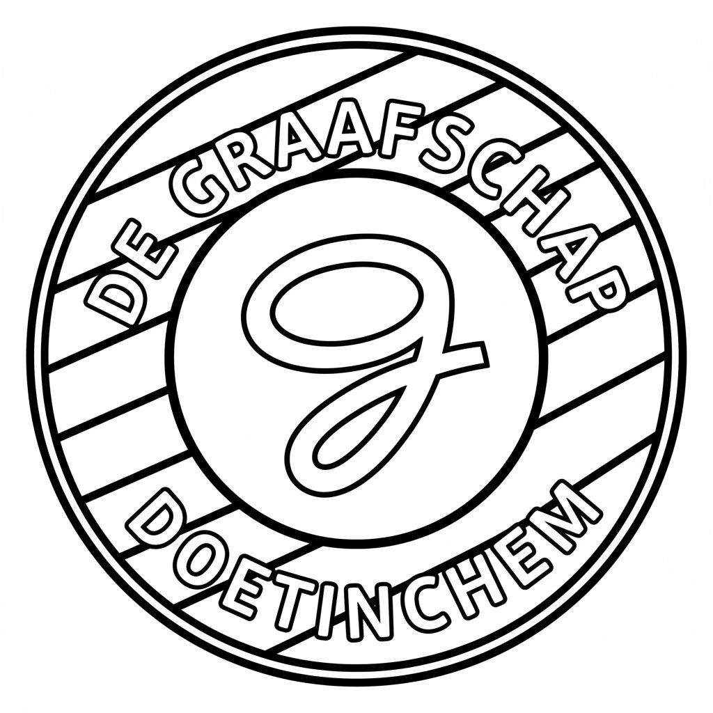 Ronde zwart-wit kleurplaat van het De Graafschap logo. De buitenste ring heeft de teksten 'DE GRAAFSCHAP' bovenaan en 'DOETINCHEM' onderaan, gescheiden door horizontale lijnen. In het midden staat een gestileerde cursieve letter 'G' in een witte cirkel.