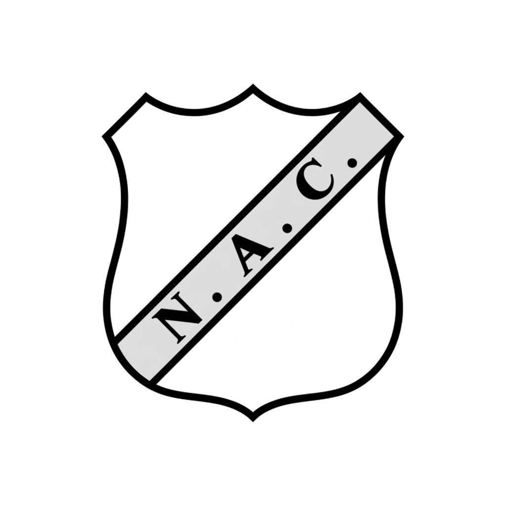 Kleurplaat van het NAC Breda logo: een wit schild met zwarte omlijning en een diagonale lichtgrijze band met de initialen 'N. A. C.' in zwarte hoofdletters.