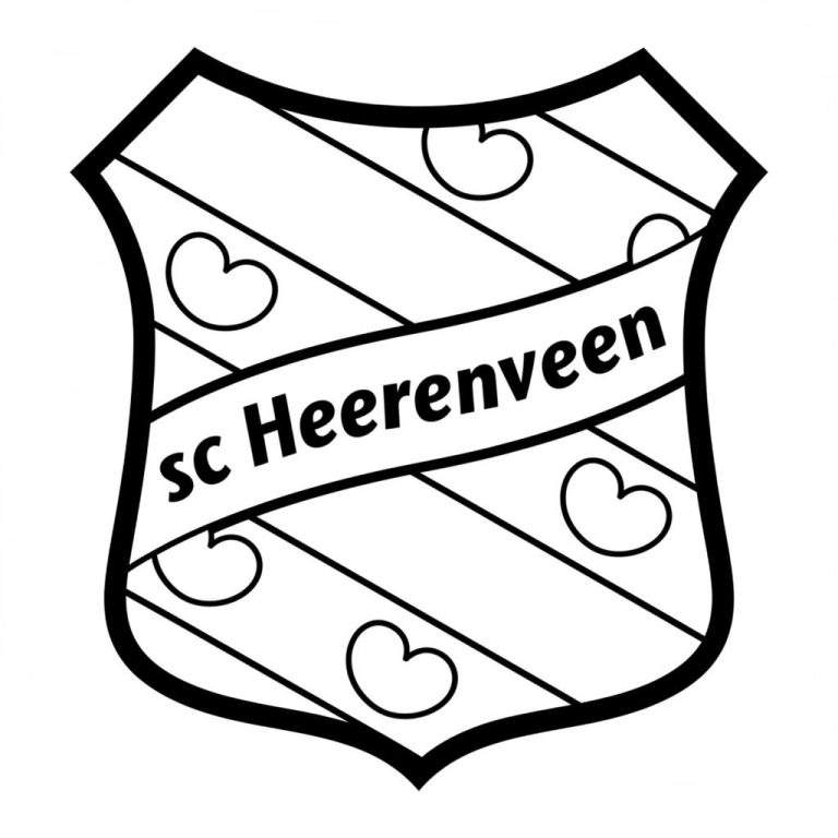 Kleurplaat van het sc Heerenveen logo: een wapenschild met 'sc Heerenveen' tekst, diagonale strepen en zeven pompeblêden.