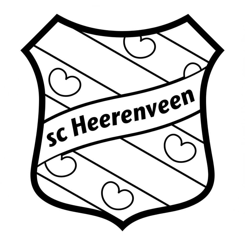 Kleurplaat van het sc Heerenveen logo: een wapenschild met 'sc Heerenveen' tekst, diagonale strepen en zeven pompeblêden.