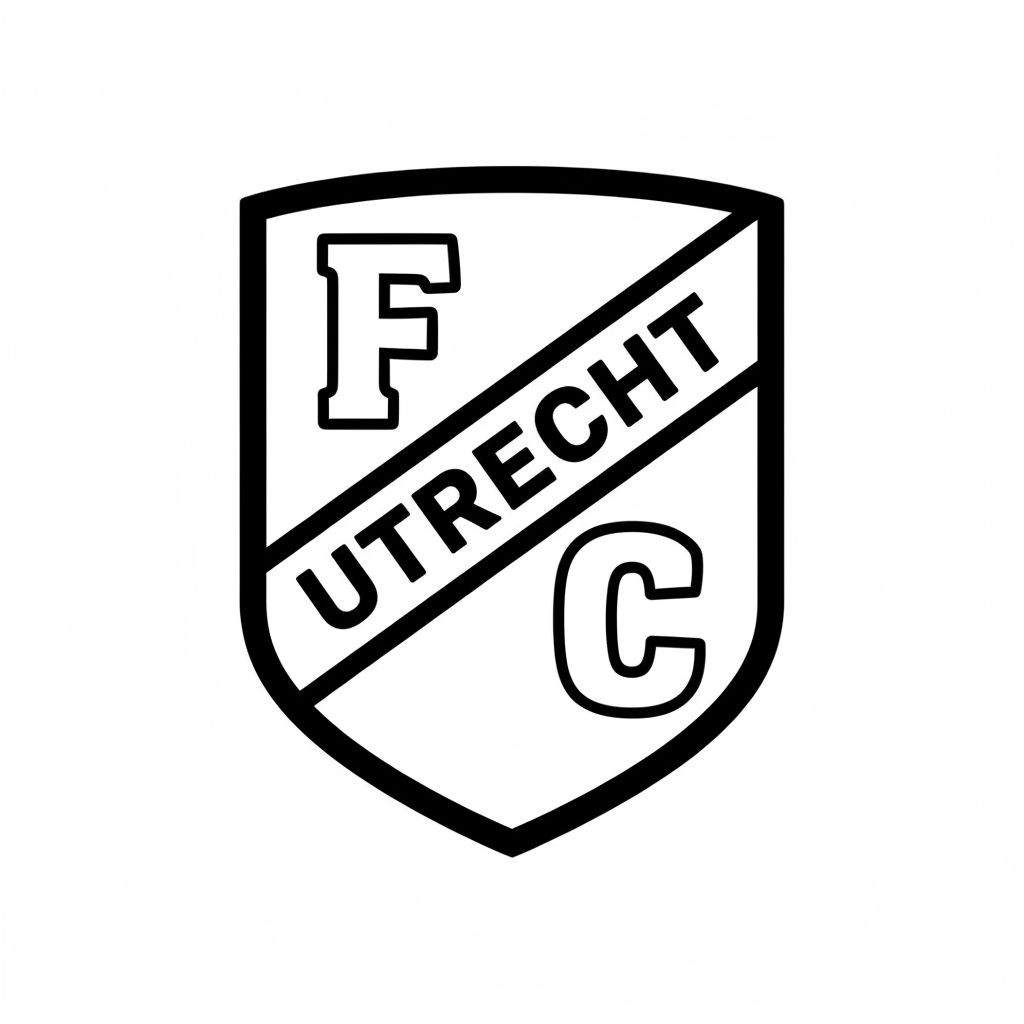 FC Utrecht logo kleurplaat, zwart-wit schild met gestileerde F, C en diagonale band met UTRECHT.