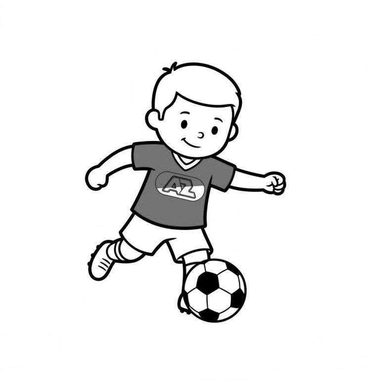 Kleurplaat van een vrolijk AZ-voetballertje in T-shirt en korte broek dat een bal dribbelt met zijn rechtervoet.