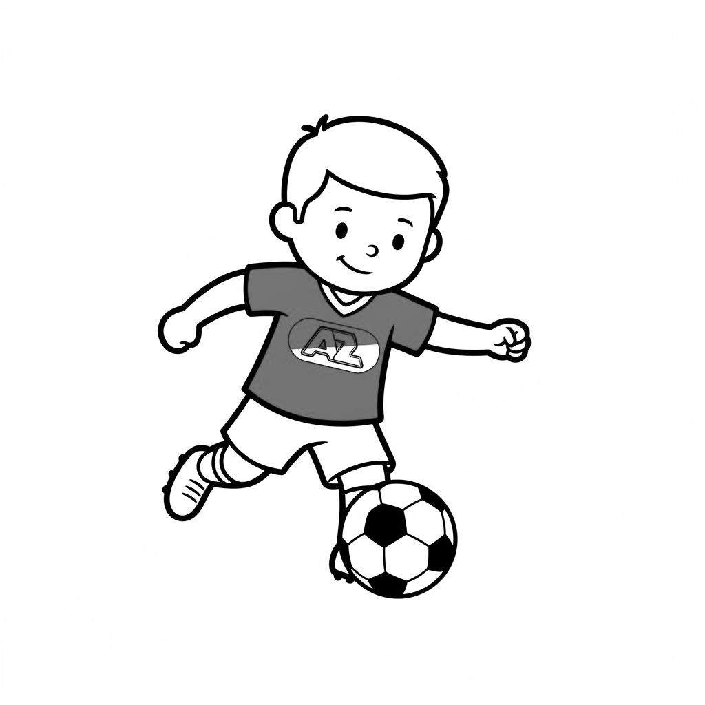 Kleurplaat van een vrolijk AZ-voetballertje in T-shirt en korte broek dat een bal dribbelt met zijn rechtervoet.