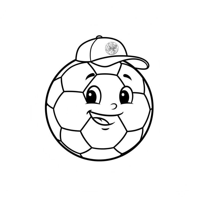 Zwart-wit kleurplaat van een vrolijke cartoonvoetbal met lachend gezicht en een baseballpet met Ajax-logo.