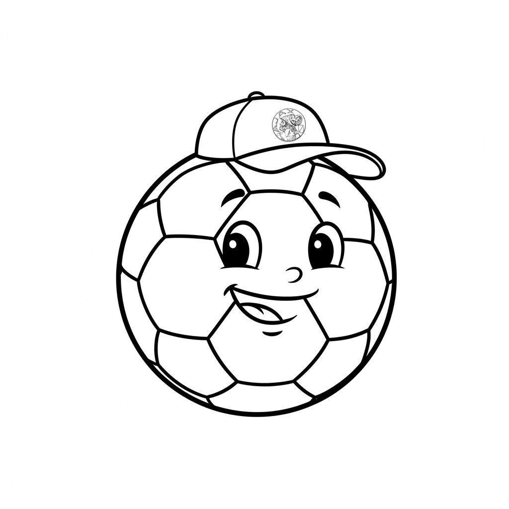 Zwart-wit kleurplaat van een vrolijke cartoonvoetbal met lachend gezicht en een baseballpet met Ajax-logo.