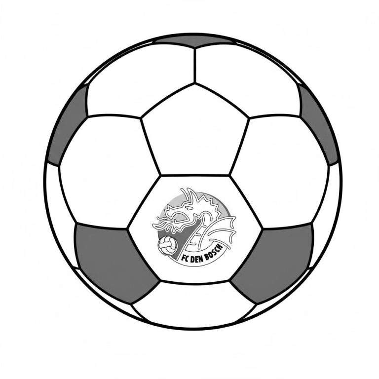 Kleurplaat van een klassieke voetbal met zeshoekige en vijfhoekige vlakken, met in het midden het FC Den Bosch logo van een draak die een voetbal vasthoudt en de tekst 'FC DEN BOSCH'.
