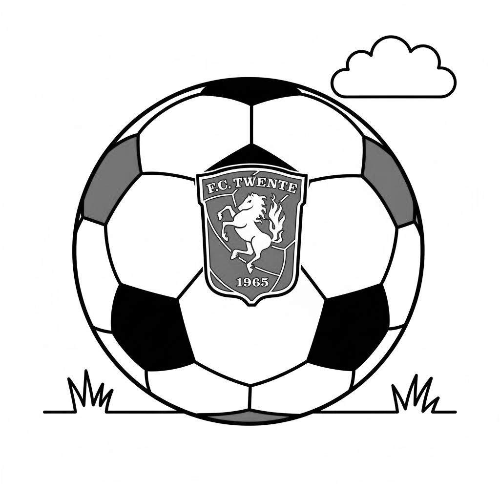 Kleurplaat van een voetbal met daarop het F.C. Twente logo, inclusief het Saksenros, tekst 'F.C. TWENTE' en jaartal '1965'. Met gras en een wolk.