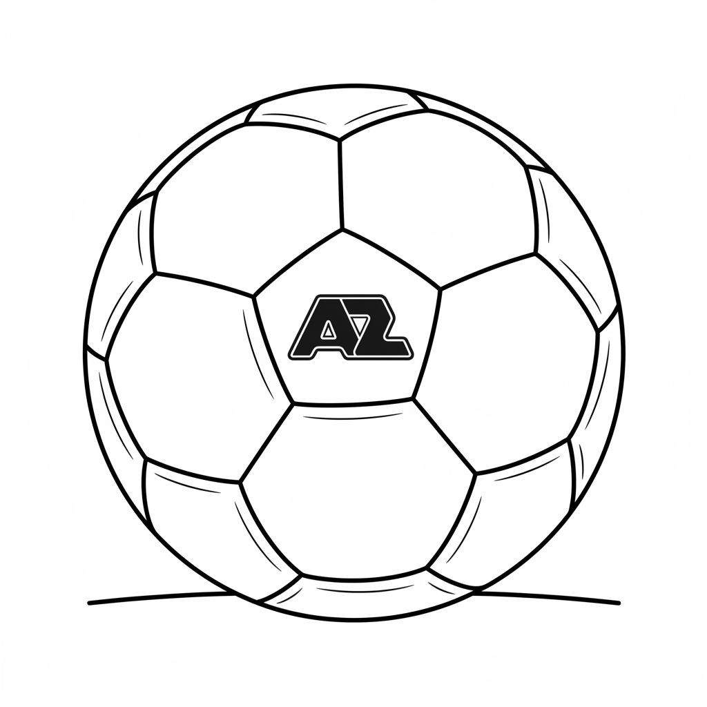 Zwart-wit kleurplaat van een voetbal met zeshoekige en vijfhoekige vlakken, waarop het 'AZ' logo staat, met de bal rustend op een horizontale lijn.