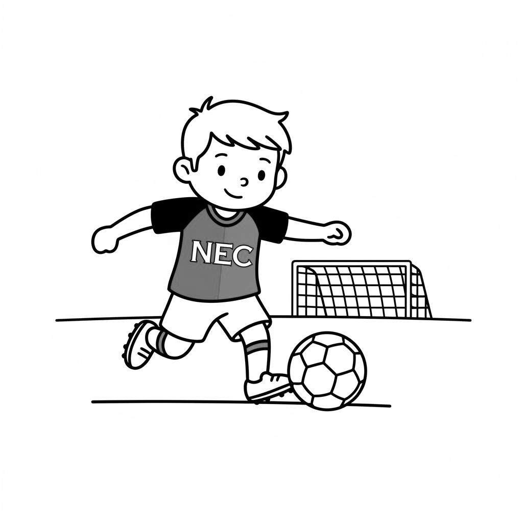 Kleurplaat van een lachende jongen in een NEC voetbalshirt die een bal trapt, met een voetbal en een voetbaldoel op de achtergrond.