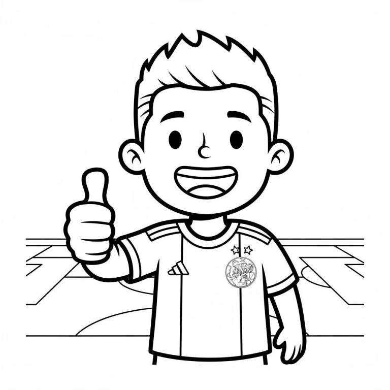 Kleurplaat van vrolijke Ajax voetbaljongen met duim omhoog, draagt shirt met twee sterren en drie strepen, in voetbalstadion. Zwart-wit tekening.