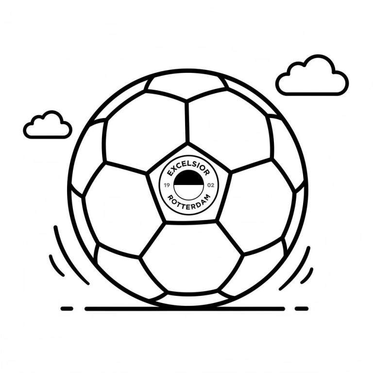 Zwart-wit kleurplaat van een bewegende voetbal met Excelsior Rotterdam logo (1902) en wolkjes, gericht op de clubgeschiedenis.