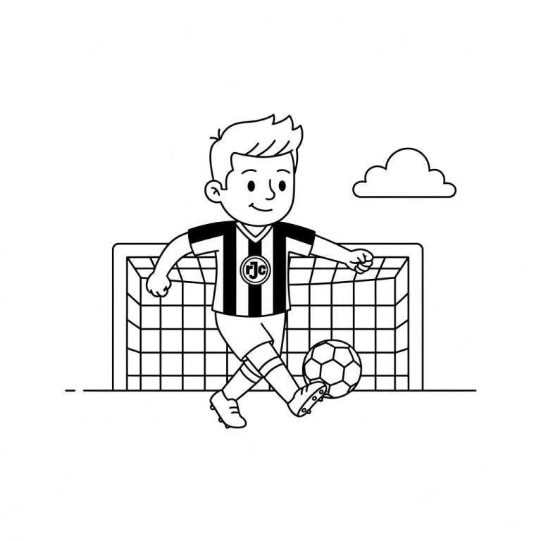 Een zwart-witte lijntekening van een vrolijke jongen in een gestreept Roda JC voetbalshirt (met "rJc" logo) en voetbalschoenen, die met zijn rechtervoet tegen een voetbal schopt. Achter hem staat een voetbaldoel met net en rechtsboven een wolkje.
