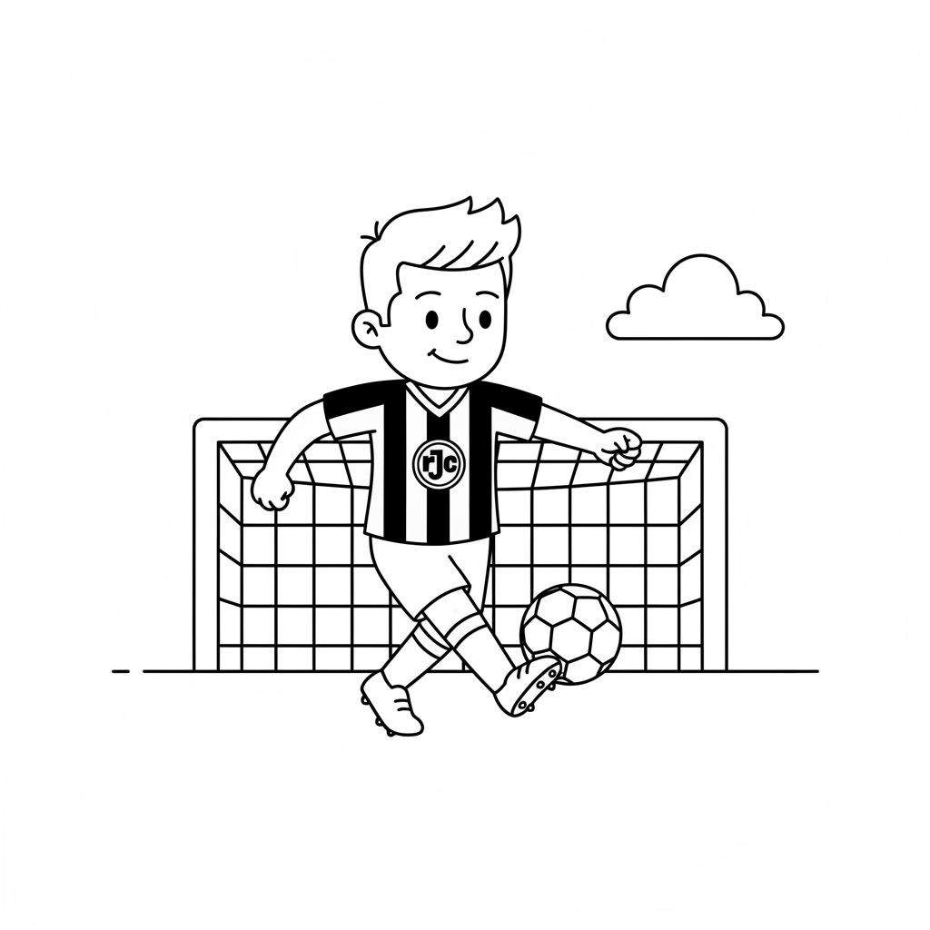 Een zwart-witte lijntekening van een vrolijke jongen in een gestreept Roda JC voetbalshirt (met "rJc" logo) en voetbalschoenen, die met zijn rechtervoet tegen een voetbal schopt. Achter hem staat een voetbaldoel met net en rechtsboven een wolkje.