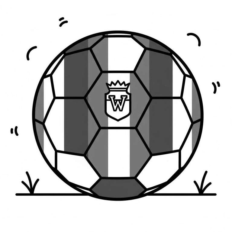 Zwart-wit kleurplaat van een gestileerde voetbal met het Willem II 'W' logo en kroon, omringd door bewegingslijnen en pijlen.