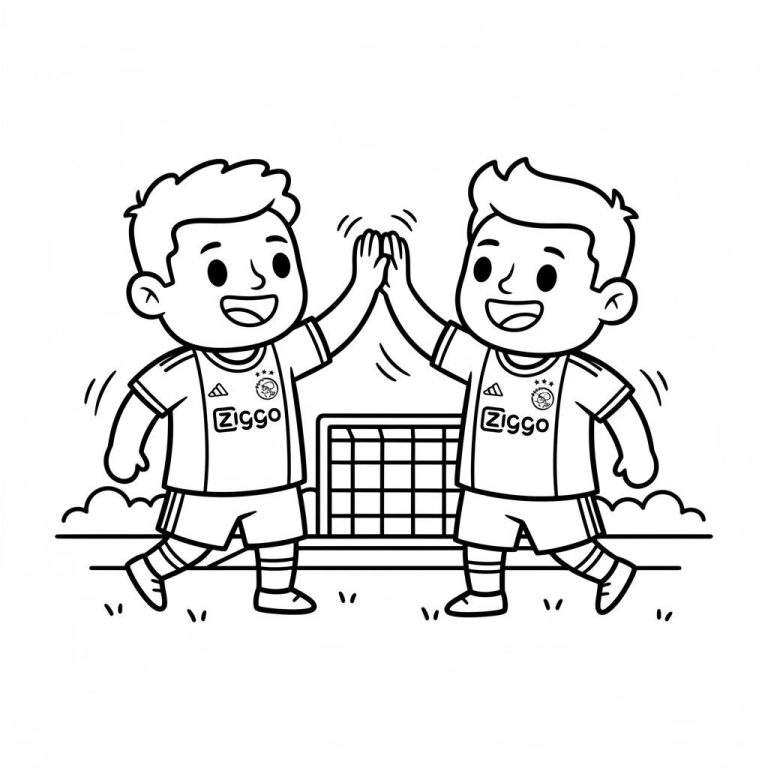 Kleurplaat van twee cartoon Ajax-voetbaljongens die een high five geven voor een voetbaldoel.