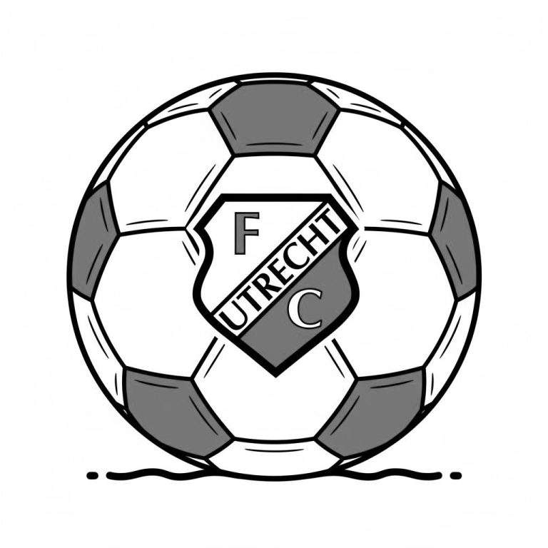 Zwart-wit kleurplaat van een voetbal. Op de bal een schildvormig embleem met de letters 'F' en 'C' en diagonaal 'UTRECHT'. De bal heeft zeshoekige en vijfhoekige vlakken, deels grijs ingekleurd. Onder de bal een golvende lijn met twee stippen.