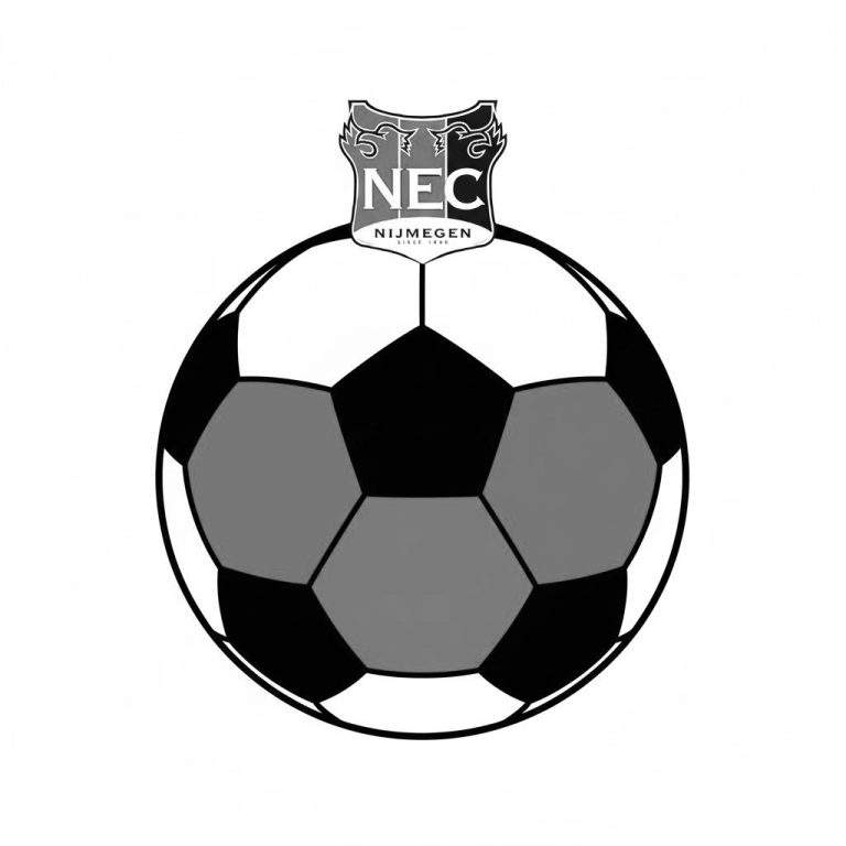 Zwart-wit kleurplaat van een voetbal met daarop het NEC Nijmegen logo, inclusief de teksten 'NEC', 'Nijmegen' en 'Since 1900', en gestileerde dieren boven de clubnaam.
