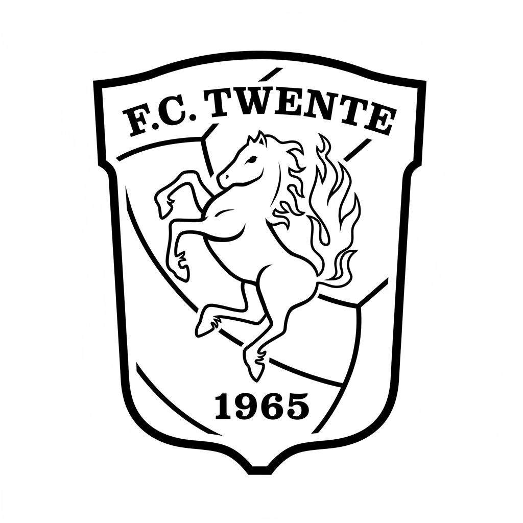 Zwart-wit kleurplaat van het FC Twente logo: een wapenschild met "F.C. TWENTE", een steigerend paard, voetbalpatroon en het jaartal "1965".