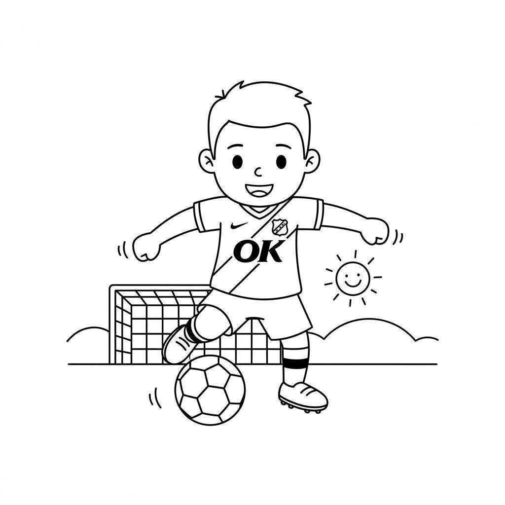 Zwart-wit kleurplaat van vrolijke jongen in NAC Breda voetbaltenue die voetbal trapt voor een doel, onder een lachende zon met wolken. Thema: NAC Breda.