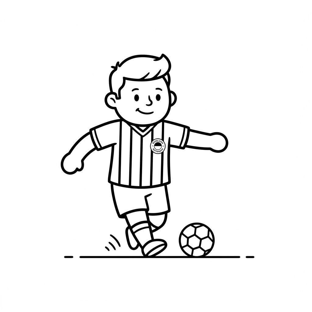 Zwart-wit kleurplaat van een lachende jongen met kort haar, een gestreept Excelsior voetbalshirt, korte broek en voetbalschoenen. Hij buigt naar voren en schopt met zijn rechtervoet een voetbal met zeshoekig patroon, waarbij bewegingslijnen de actie benadrukken.