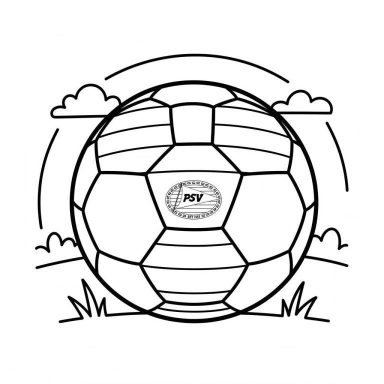 Zwart-wit kleurplaat van een voetbal met het PSV logo in het midden, omringd door gras, wolken en decoratieve lijnen in een cartoonachtige stijl.