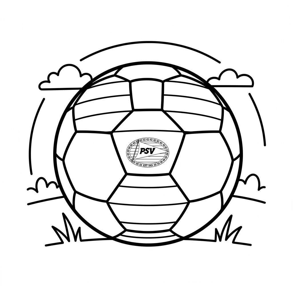 Zwart-wit kleurplaat van een voetbal met het PSV logo in het midden, omringd door gras, wolken en decoratieve lijnen in een cartoonachtige stijl.