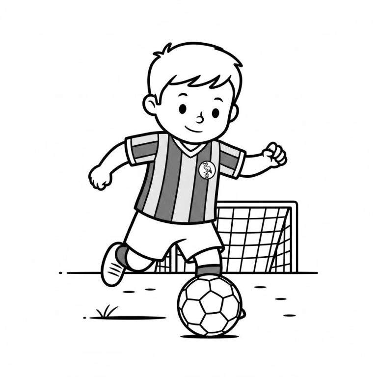 Kleurplaat van een lachende, cartoonachtige jongen die voetbalt, met zijn voet op een bal, een voetbaldoel en net op de achtergrond. Het shirt heeft een rond embleem.