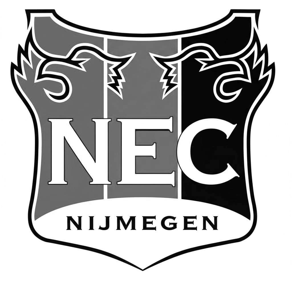 Kleurplaat van het NEC logo, een wapenschild in zwart-wit-grijs met gestileerde figuren, de letters 'NEC' en 'NIJMEGEN'.