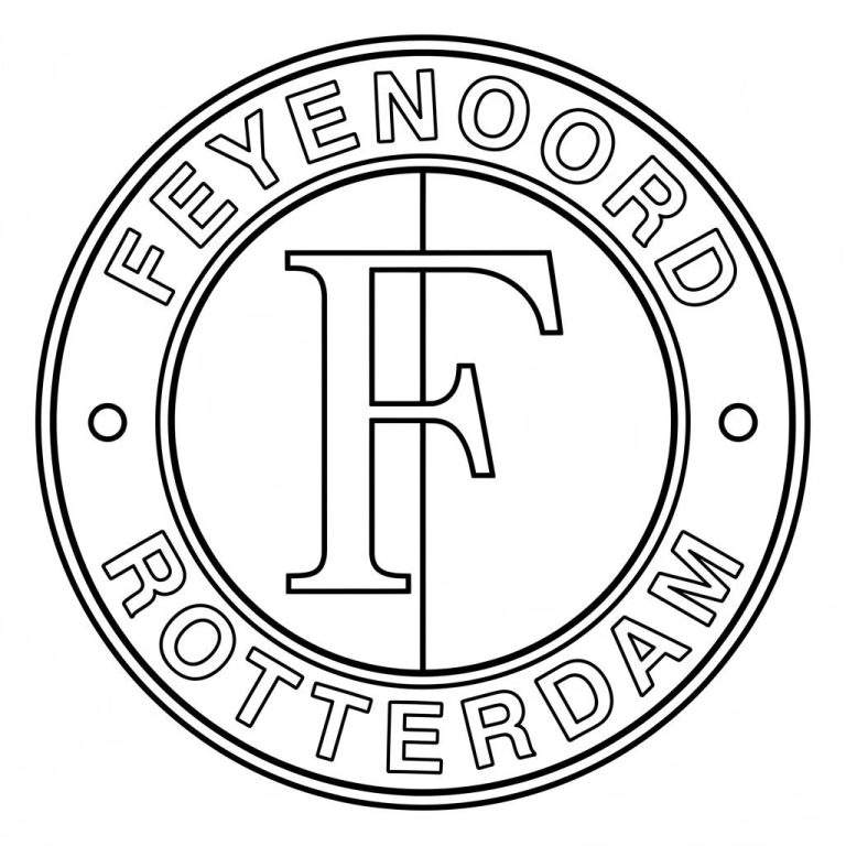 Kleurplaat van het Feyenoord logo, een cirkelvormig ontwerp met 'FEYENOORD' bovenaan, 'ROTTERDAM' onderaan en een gestileerde 'F' in het midden, als zwarte lijntekening.