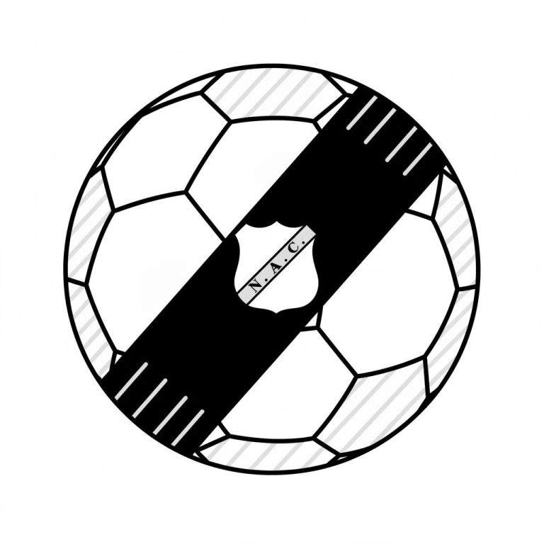 Kleurplaat van het NAC Breda voetbal logo: een gestileerde voetbal met een diagonale zwarte band, een wit schildje met "N. A. C." erop, en arcering op de balpanelen.