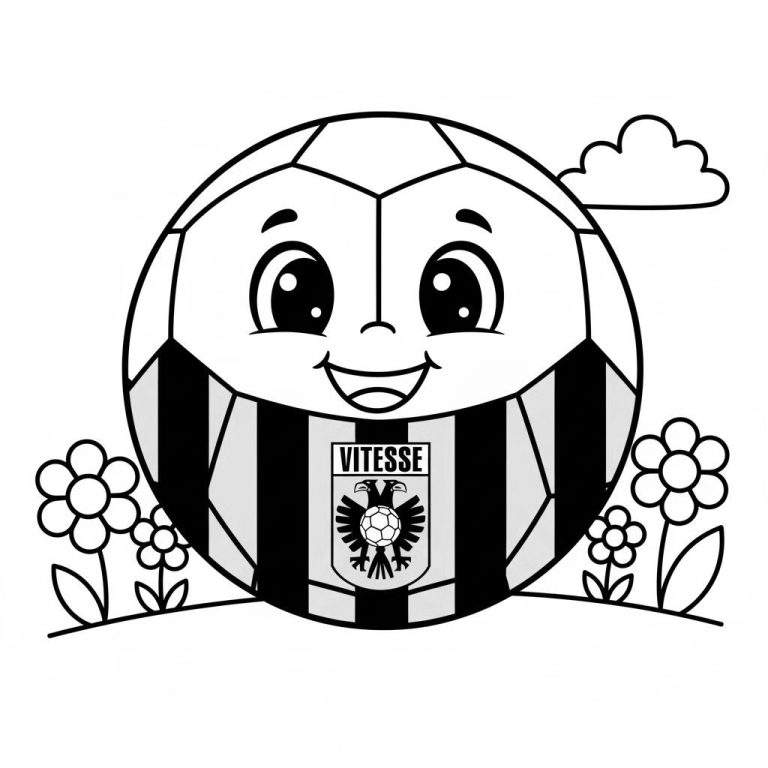 Kleurplaat van een blije Vitesse voetbal in gestreept shirt met clubembleem van een adelaar en 'VITESSE', omringd door bloemen en een wolk.