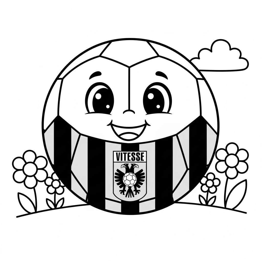 Kleurplaat van een blije Vitesse voetbal in gestreept shirt met clubembleem van een adelaar en 'VITESSE', omringd door bloemen en een wolk.