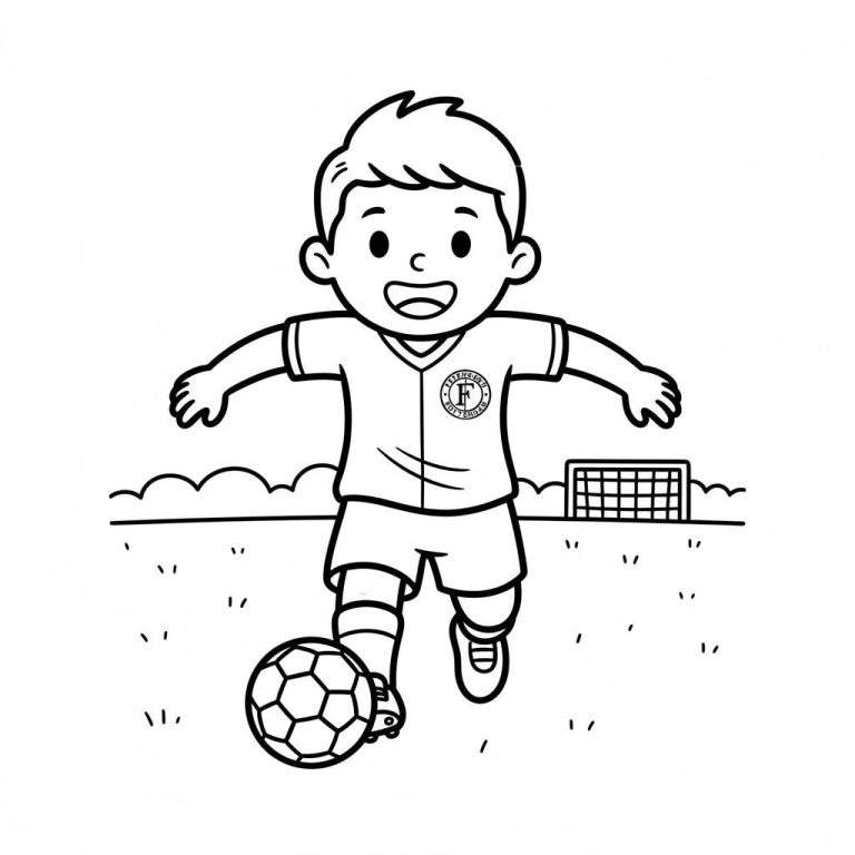 Zwart-wit kleurplaat van een lachende jongen in een Feyenoord tenue die voetbalt met een bal aan zijn rechtervoet, met een voetbaldoel en grasveld op de achtergrond.