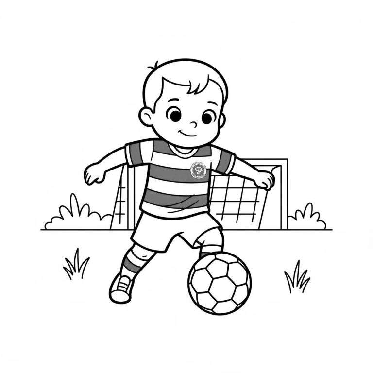 Zwart-wit kleurplaat van een lachende jongen in een gestreept De Graafschap shirt die een voetbal dribbelt voor een doel op een grasveld.
