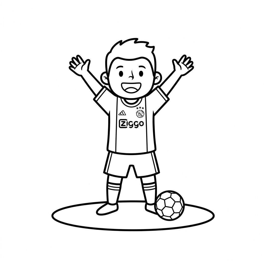Zwart-wit kleurplaat van een juichende jongen in Ajax voetbaltenue met Adidas, Ajax (drie sterren) en Ziggo logo's en een voetbal bij zijn voet.