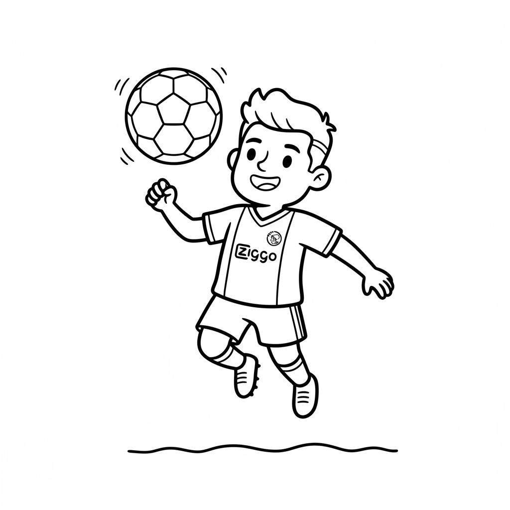 Zwart-wit kleurplaat van een blije jongen in Ajax voetbaltenue met Ziggo logo, die in de lucht springt om een voetbal te koppen.