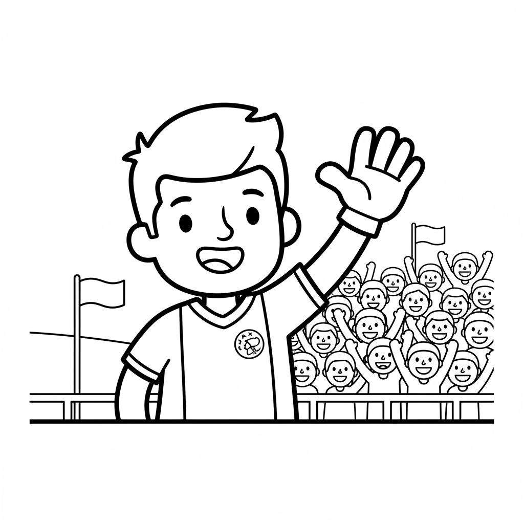 Zwart-wit kleurplaat van een vrolijke jongen/man met Ajax-embleem op shirt, zwaaiend naar een juichende menigte achter een hek. Vlaggenmasten met vlaggen zijn op de achtergrond zichtbaar.