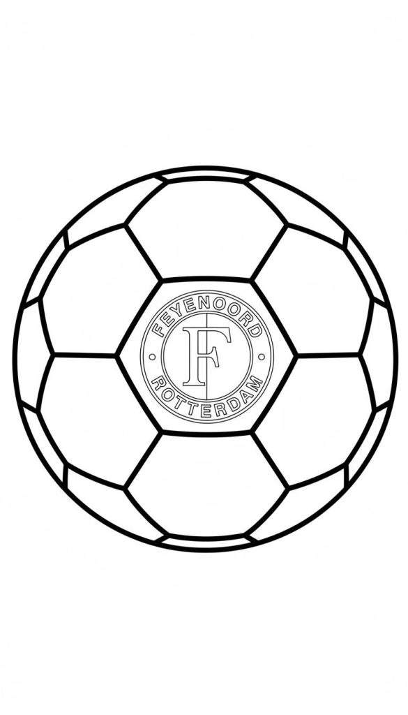 Zwart-wit lijntekening van een voetbal met het Feyenoord logo in het midden. Het logo bevat de tekst 'FEYENOORD' en 'ROTTERDAM' in bogen, gescheiden door cirkeltjes, en een grote gestileerde letter 'F'.