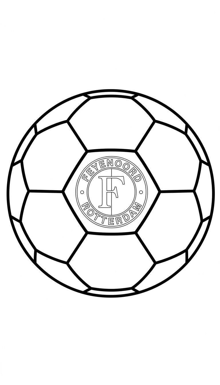 Zwart-wit lijntekening van een voetbal met het Feyenoord logo in het midden. Het logo bevat de tekst 'FEYENOORD' en 'ROTTERDAM' in bogen, gescheiden door cirkeltjes, en een grote gestileerde letter 'F'.