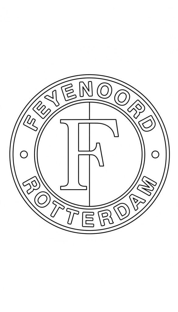 Cirkelvormige kleurplaat van het Feyenoord logo, met 'FEYENOORD' bovenaan, 'ROTTERDAM' onderaan, gescheiden door stippen, en een grote 'F' met verticale lijn in het midden.