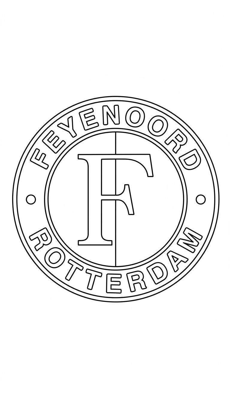 Cirkelvormige kleurplaat van het Feyenoord logo, met 'FEYENOORD' bovenaan, 'ROTTERDAM' onderaan, gescheiden door stippen, en een grote 'F' met verticale lijn in het midden.