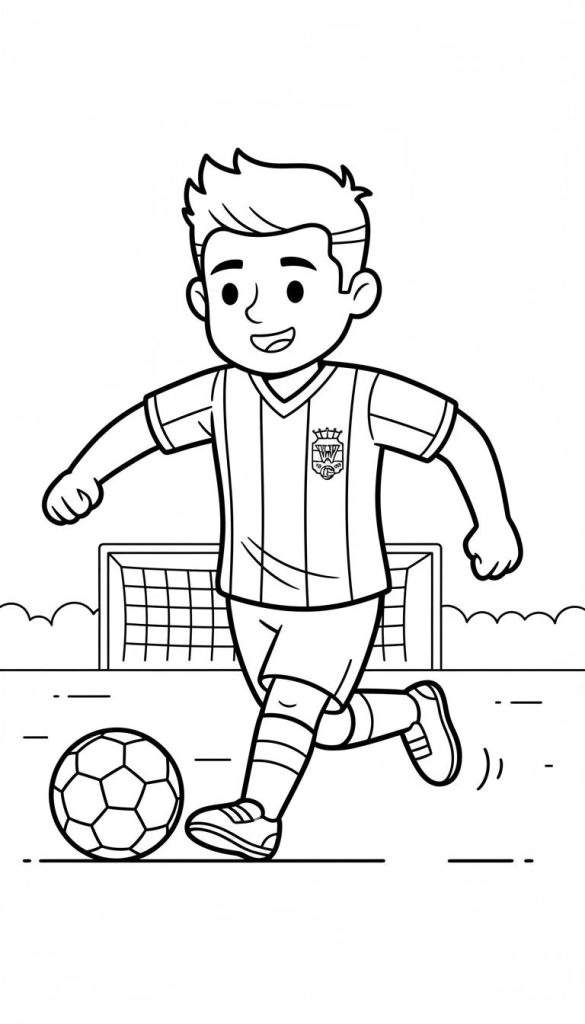 Zwart-wit tekening van een lachende jongen in een gestreept Willem II-voetbaltenue die een voetbal dribbelt met zijn linkervoet. Op de achtergrond staat een voetbaldoel.