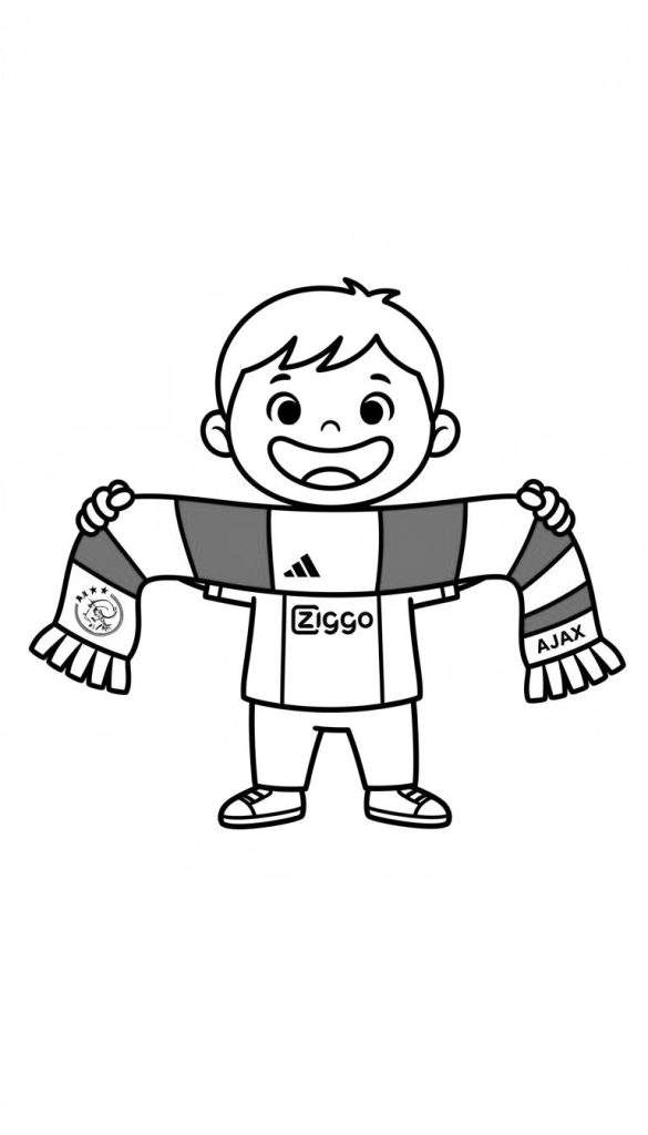 Kleurplaat van een vrolijke jongen met kort haar en brede glimlach, die een Ajax-sjaal met logo en strepen vasthoudt. Hij draagt een voetbalshirt met Adidas- en Ziggo-logo's.