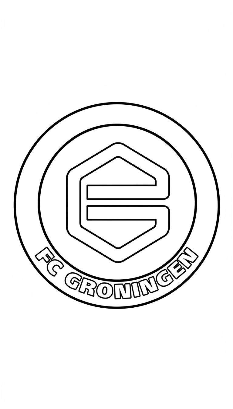 Zwart-wit lijntekening van het FC Groningen clublogo, een kleurplaat met een dubbele cirkel, een zeshoekig ontwerp met gestileerde 'G' en de tekst "FC GRONINGEN" aan de onderkant.