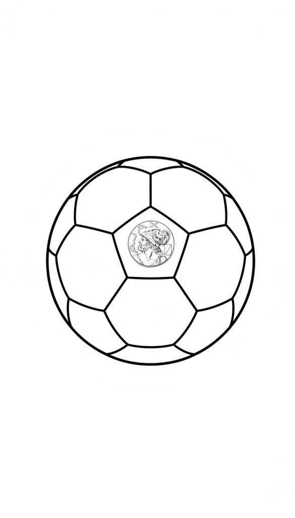 Kleurplaat van een klassieke voetbal met daarop een rond Ajax-embleem in antieke Grieks/Romeinse muntstijl, met het profiel van een gehelmde krijger en een klein symbool.