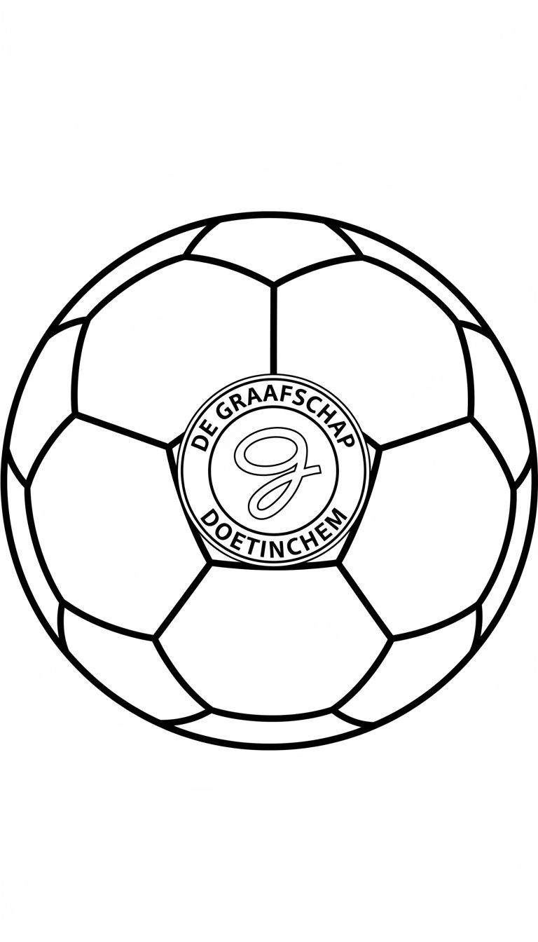 Zwart-wit kleurplaat van een klassieke voetbal met het De Graafschap logo erop, inclusief de sierlijke letter G, 'DE GRAAFSCHAP' en 'DOETINCHEM'.