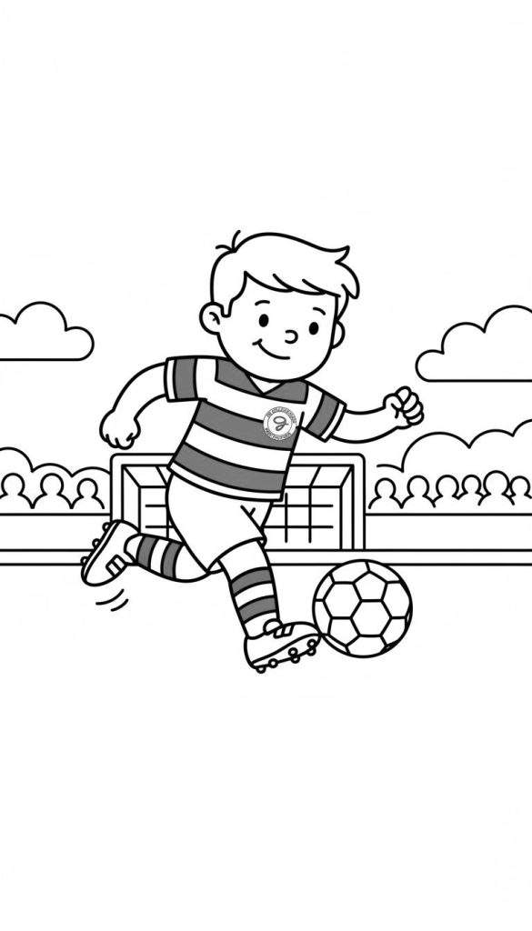 Kleurplaat van een blije jongen in gestreept voetbalshirt die een voetbal trapt voor een doel, met toeschouwers op de achtergrond. Thema: De Graafschap.