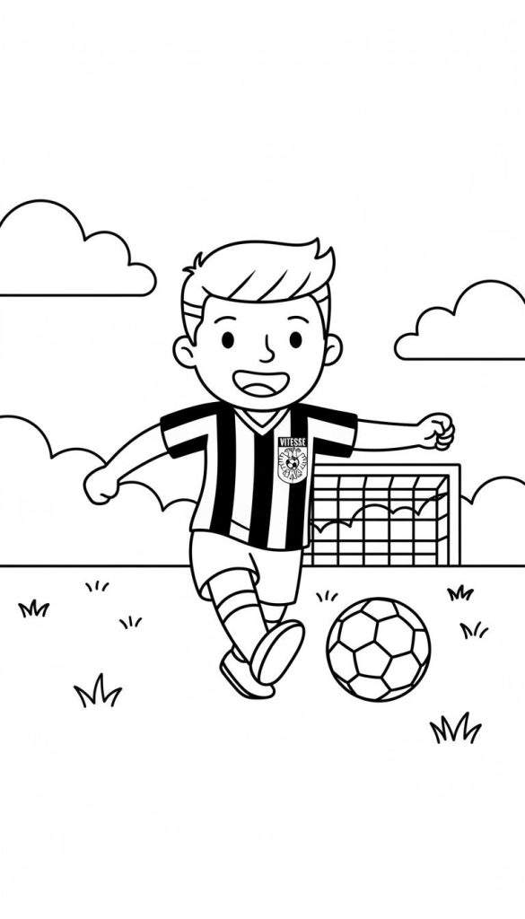 Zwart-wit kleurplaat van een vrolijke Vitesse-fan die een voetbal schopt op een grasveld, met een voetbaldoel en wolken op de achtergrond.