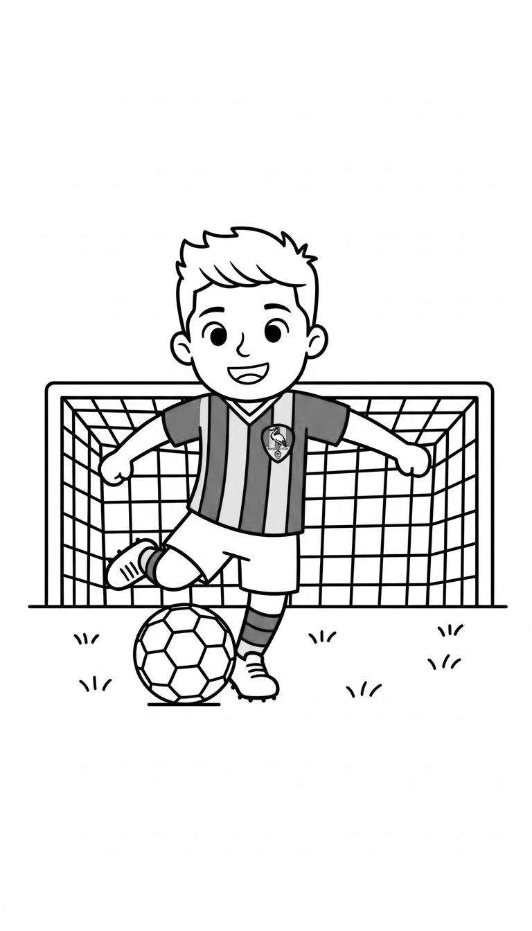 Kleurplaat van een vrolijke jongen in ADO Den Haag tenue met voetbal voor een doel.